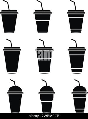 Disposable plastic coffee or tea cup with straw icon vector set. cold drink glasses collection in flat style. Stock Vector
