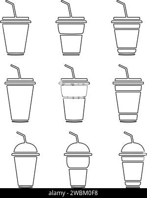 Disposable plastic coffee or tea cup with straw icon vector set. cold drink glasses collection in line style. Stock Vector
