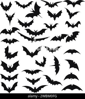 Bats horror flat set. Sticker with black mouse for Halloween decoration. Simple icon with animal from different sides. Silhouette of flying bat collec Stock Vector