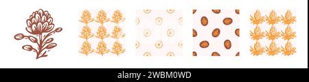 Block print rustic floral folkart motif and patten set. Vector quirky linocut leaf and scandi whimsical woodland design collection. Naive nature sprig Stock Vector