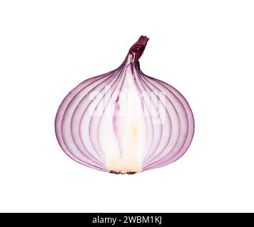 Front view of red or purple onion bulb with half in stack is isolated ...