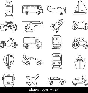 Transport or transportation icon set. Containing car, bike, plane, train, bicycle, motorbike, bus and scooter, tractor and electric vehicle, Ship or F Stock Vector