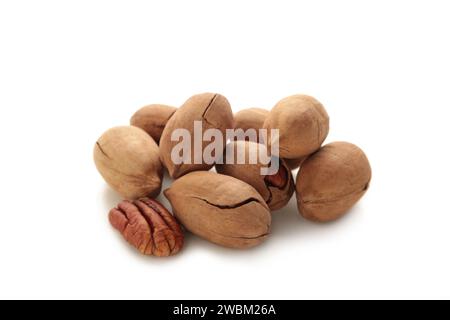 Fresh tasty pecan nuts isolated on a white background. Whole and cracked pecans. Stock Photo