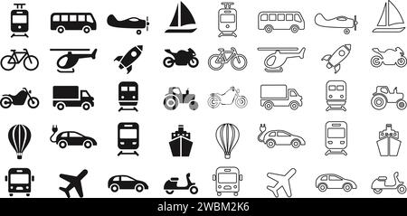 Transport or transportation icon set. Containing car, bike, plane, train, bicycle, motorbike, bus and scooter, tractor and electric vehicle, Ship or F Stock Vector