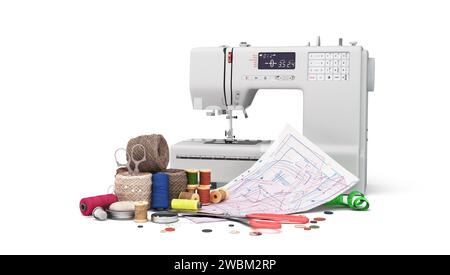 New sewing machine and accessories 3d render on white Stock Photo