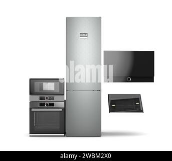 Modern built in kitchen appliances set front view 3d render on white Stock Photo