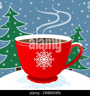 Red Christmas Coffee Cup with steam against the background of green Christmas trees for banners, posters, cards. Stock Vector