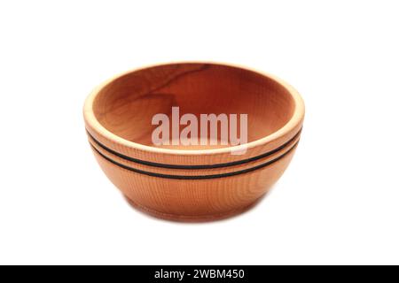 Empty wooden bowl isolated on white background. Top view Stock Photo