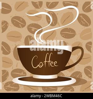 Coffee cup with aroma steam on a brown beans background for banner, poster, sign shop. Stock Vector