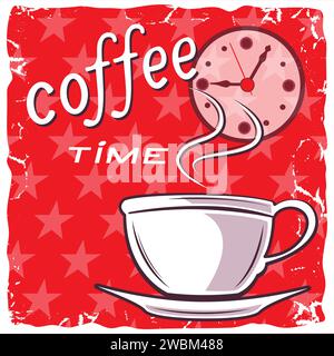 Coffee cup with steam on red grunge texture coffee time poster Stock Vector