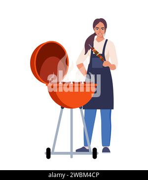 Woman cooking barbecue grill. Barbecue scene. Smiling man holds kebabs. Fry meat on fire. Vector illustration Stock Vector
