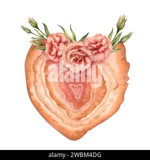 Watercolor pink heart with stone texture with eustoma flowers in a fashionable peach fuzz palette for Valentine's Day, horoscope, alchemy, magic, Hall Stock Photo