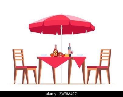 Summer picnic table covered with a tablecloth, chairs and umbrella. Food on the table for family barbecue, picnic, grill party. Vector illustration Stock Vector