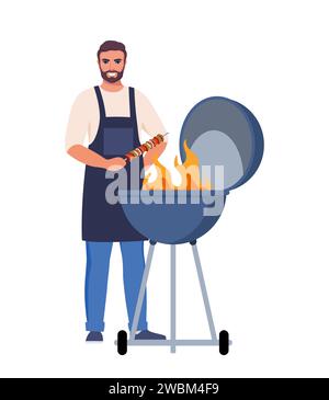 Man cooking barbecue grill. Barbecue scene. Smiling man holds kebabs. Fry meat on fire. Vector illustration Stock Vector