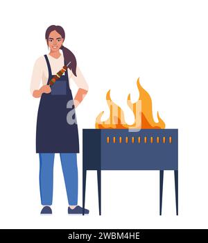Woman cooking barbecue grill. Barbecue scene. Smiling man holds kebabs. Fry meat on fire. Vector illustration Stock Vector