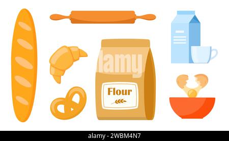Pastry making equipment and ingredients. Baking tools set. Delicious baking. Vector illustration Stock Vector