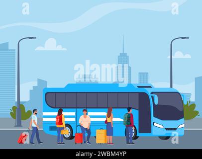 People on auto station. Man, woman standing near transport, waiting for passenger boarding. Citizen, urban infrastructure concept. Vector illustration Stock Vector