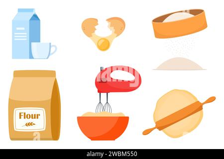 Pastry making equipment and ingredients. Baking tools set. Delicious baking. Vector illustration Stock Vector