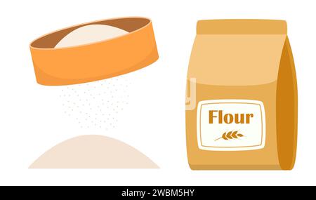 Flour sifter, package of, bowl set. Baking Ingredients. Healthy organic food. Cartoon vector. Dough cooking. Organic product illustration. Kitchen ute Stock Vector