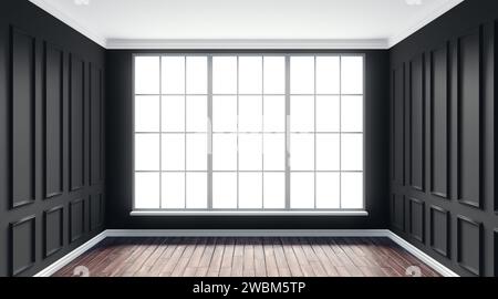 3d rendering illustration of big black room interior with big french windows and hardwood floor. Classical living room with molding, wall paneling. Da Stock Photo