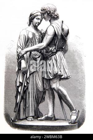 Wood Engraving of Statues of Biblical Figures Rachel and Jacob from Illustrated Family Bible Stock Photo