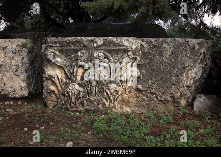Detail of the ruins of the Roman Qasr l Naous in Ain Ekrine, Lebanon. Stock Photo