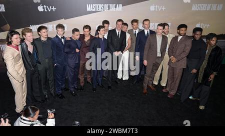 January 10, 2024, Westwood, California, United States: (L-R) Phillip Lewitski, Kai Alexander, Jonas Moore, Matt Gavan, Ellito Warren, Rafferty Law, Anthony Boyle, Sawyer Spielberg, Callum Turner, Barry Keoghan, Austin Butler, Edward Ashley, Nate Mann, David Shields, Branden Cook, and Josiah Cross attends the World Premiere Of Apple TV+'s ''Masters Of The Air' (Credit Image: © Billy Bennight/ZUMA Press Wire) EDITORIAL USAGE ONLY! Not for Commercial USAGE! Stock Photo