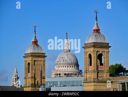 The dome of St Paul's Cathedral between the twin towers of Cannon Street railway station on the north bank of the River Thames, London, England, UK . Stock Photo