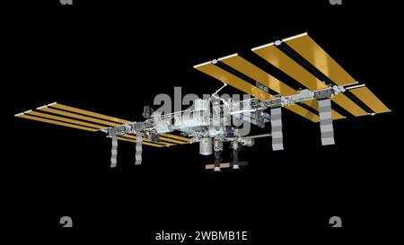 JSC2011-E-054427 (June 2011) ---  Computer-generated artist?s rendering of the International Space Station as of June 20, 2011. The European Space Agency's Automated Transfer Vehicle-2 (ATV-2) undocks from the aft port of Zvezda Service Module. Soyuz 27 (TMA-02M) is docked to MRM1. Progress 42 is docked to Pirs. Soyuz 26 (TMA-21) is docked to Poisk. Stock Photo