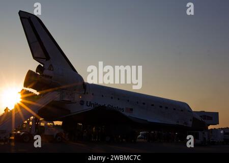 JSC2011-E-067976 (21 July 2011) --- The sun rises over the space shuttle Atlantis after landing July 21 at the Kennedy Space Center in Florida. The landing completed STS-135, the final mission of the NASA Space Shuttle Program. Stock Photo