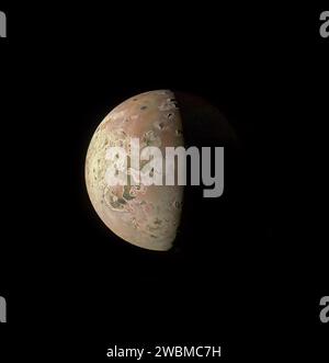 JunoCam on NASA's Juno spacecraft captured the north polar region of Jupiter's moon Io on October 15, 2023. Three previously unobserved peaks near the terminator are visible. Image processed by citizen scientist Ted Stryk from raw data. Stock Photo