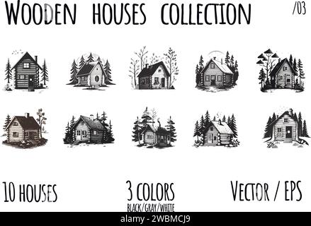 Wooden house in the forest, the concept of eco friendly life . Hand drawing vector illustration. Stock Vector