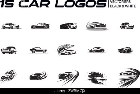 Sports car logo icon set. Motor vehicle silhouette emblems. Auto garage dealership brand identity design elements. Vector illustrations. Vector illust Stock Vector