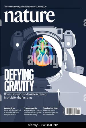 jsc2020e026630 (6/11/2020) ---   The cover of Nature Magazine (Volume 582 Issue 7811, 11 June 2020) that features the article titled “Defying GRAVITY Bose–Einstein condensates created in orbit for the first time”. The article showcases the Cold Atom Lab - Bose-Einstein Condensate Bubble Dynamics investigation aboard the International Space Station (ISS).  Image courtesy of: Nature. Stock Photo