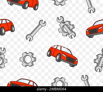 Car, gear and wrench, seamless vector background and pattern. Transport, transportation, cogwheel, gear wheel and spanner, vector design Stock Vector