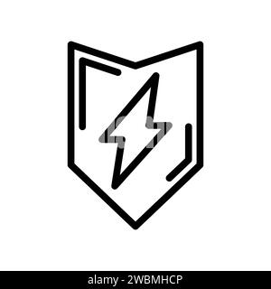 Vector black line icon shield with electricity sign, energy protection isolated on white background Stock Vector