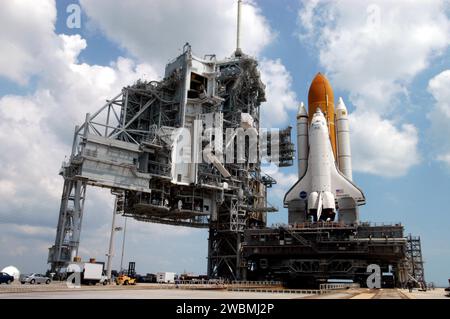 KENNEDY SPACE CENTER, FLA. - The Rotating Service Structure at Launch Pad 39B is ready to enfold Space Shuttle Discovery upon its arrival. First motion for the 4.2-mile journey was at 1 58 a.m. EDT. The Space Shuttle rests on a Mobile Launcher Platform that sits atop a Crawler-Transporter. This is the second rollout of Discovery. The orbiter was returned to the Vehicle Assembly Building for connection to an improved External Tank. Launch of Discovery on its Return to Flight mission STS-114 is targeted for a launch window extending from July 13 to July 31. Stock Photo