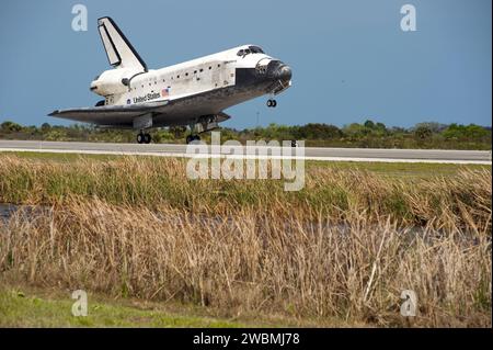 CAPE CANAVERAL, Fla. -- Space shuttle Discovery touches down on Runway 15 at the Shuttle Landing Facility at NASA's Kennedy Space Center in Florida. Landing was at 11:57 a.m. EST, completing the 13-day STS-133 mission to the International Space Station. Main gear touchdown was at 11:57:17 a.m., followed by nose gear touchdown at 11:57:28, and wheelstop at 11:58:14 a.m. On board are Commander Steve Lindsey, Pilot Eric Boe, and Mission Specialists Nicole Stott, Michael Barratt, Alvin Drew and Steve Bowen. Discovery and its six-member crew delivered the Permanent Multipurpose Module, packed with Stock Photo