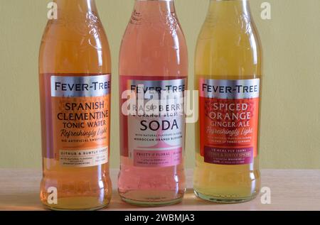 Bottles of Fever Tree of Tonic Water, Soda and Ginger Ale Stock Photo