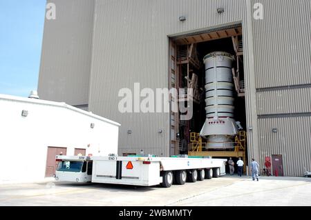 KENNEDY SPACE CENTER, FLA. - The aft segment of a Solid Rocket Booster (SRB) is ready to roll out of the Rotation Processing and Surge Facility at NASA’s Kennedy Space Center. The segment is being moved to the Vehicle Assembly Building where it will be mated with other segments for use on the launch of Space Shuttle Atlantis on the second Return to Flight mission, STS-121. SRBs are used as matched pairs and each is made up of four solid rocket motor segments. Two SRBs provide the main thrust to lift the Space Shuttle off the pad to an altitude of about 150,000 feet. In addition, the two SRBs c Stock Photo