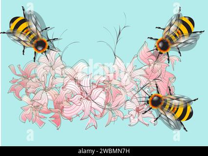 bee and flowers on blue background Stock Vector