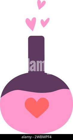 Love pink liquid potion in violet bottle with pink hearts. Magic spell elixir. Vector flat icon for valentines or magic theme Stock Vector