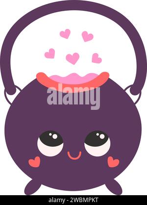 Cauldron with love potion and hearts bubbles in kawaii style. Vector flat isolated illustration for valentines or magic theme Stock Vector