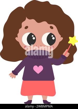 Cute magic little girl in kawaii style with wand and heart on her sweater. Cartoon vector isolated element for print and design Stock Vector
