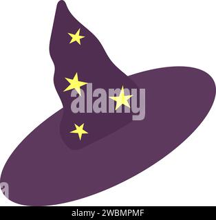 Magic witch hat in violet color with yellow stars. Vector isolated sticker in cartoon flat style Stock Vector