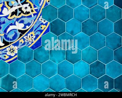 Textured ancient blue tiles, Geometric islamic tile ottoman. Stock Photo