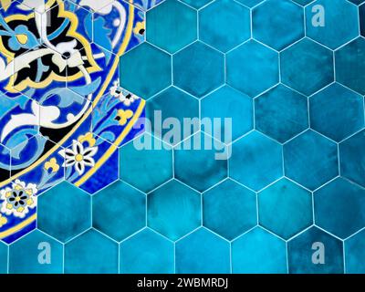 Textured ancient blue tiles, Geometric islamic tile ottoman. Stock Photo