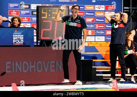 EINDHOVEN, NETHERLANDS - JANUARY 11: Head Coach Carlo Silipo of Italy gestures competing in the Netherlands during Italy of the European Waterpolo Championships 2024 Semi Final Women at Pieter van den Hoogeband Swimming Stadium on January 11, 2024 in Eindhoven, Netherlands . (Photo by /BSR Agency) Credit: BSR Agency/Alamy Live News Stock Photo