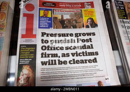 'Pressure grows to punish Post Office scandal firms as victims will be cleared' i newspaper front page subpostmasters January 2024 London England UK Stock Photo