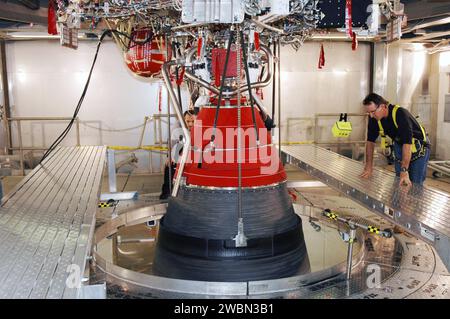 Technician monitors Boeing Delta IV second stage nozzle at Delta Operations Center; Delta IV will launch GOES-N satellite for NOAA and NASA. Stock Photo
